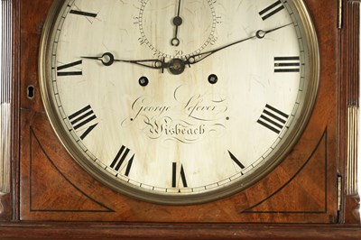 Lot 1072 - GEORGE LEFEVER, WISBEACH. A REGENCY SILVERED DIAL EIGHT DAY FLAMED MAHOGANY LONGCASE CLOCK