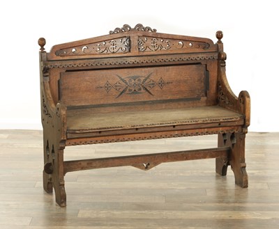 Lot 1474 - A LATE 19TH CENTURY OAK AND EBONY INLAID AESTHETIC PERIOD HALL BENCH