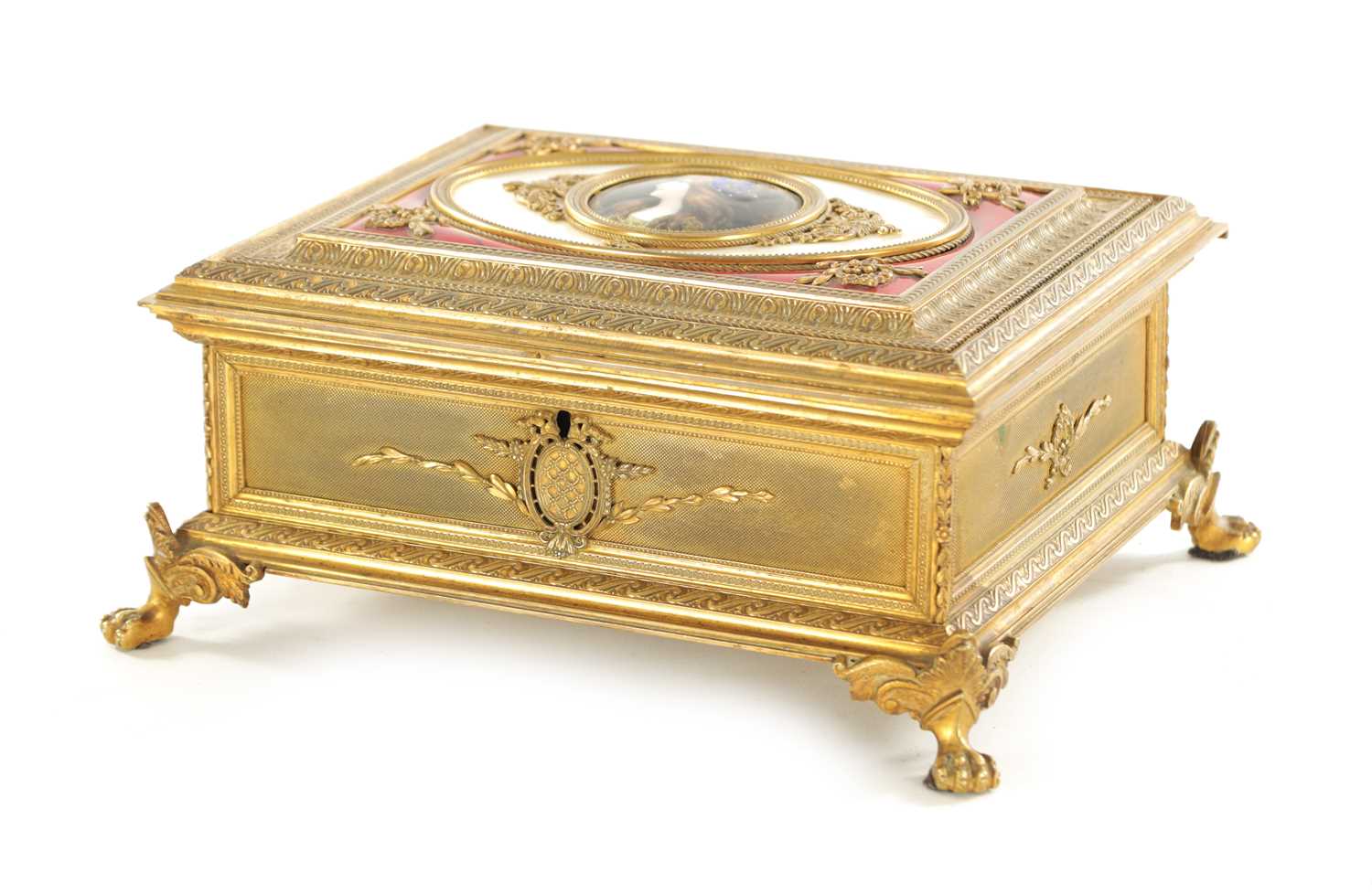 Lot 789 - A 19TH CENTURY FRENCH ORMOLU AND LIMOGES ENAMEL JEWELLERY BOX