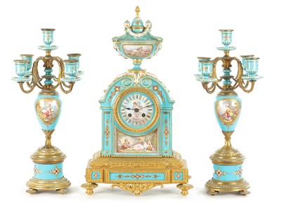 Lot 1106 - A 19TH CENTURY SERVES STYLE FRENCH PORCELAIN AND ORMOLU THREE-PIECE CLOCK GARNITURE