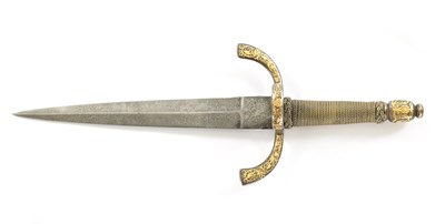 Lot 631 - A 19TH CENTURY GOLD INLAID LEFT-HAND DAGGER