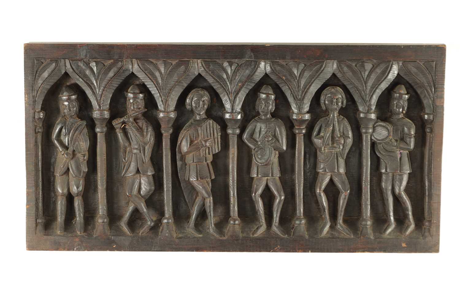 Lot 1343 - A 19TH CENTURY CARVED STAINED WOOD HANGING PLAQUE