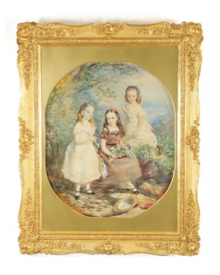 Lot 1020 - A 19TH CENTURY BRITISH SCHOOL WATERCOLOUR OF THREE GIRLS POSSIBLY THE BRONTË SISTERS