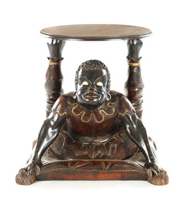 Lot 1504 - A 19TH CENTURY ITALIAN CARVED WALNUT ACROBATIC BLACKAMOOR STOOL