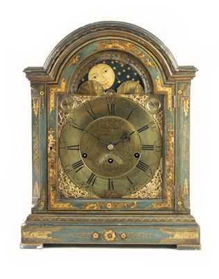 Lot 1161 - MATTHEW SULER, BEDMINSTER. A GEORGE III EIGHT-DAY TRIPLE FUSEE BRASS DIAL BRACKET CLOCK WITH MOON PHASE IN A CHINOISERIE LACQUERED ARCH TOP CASE