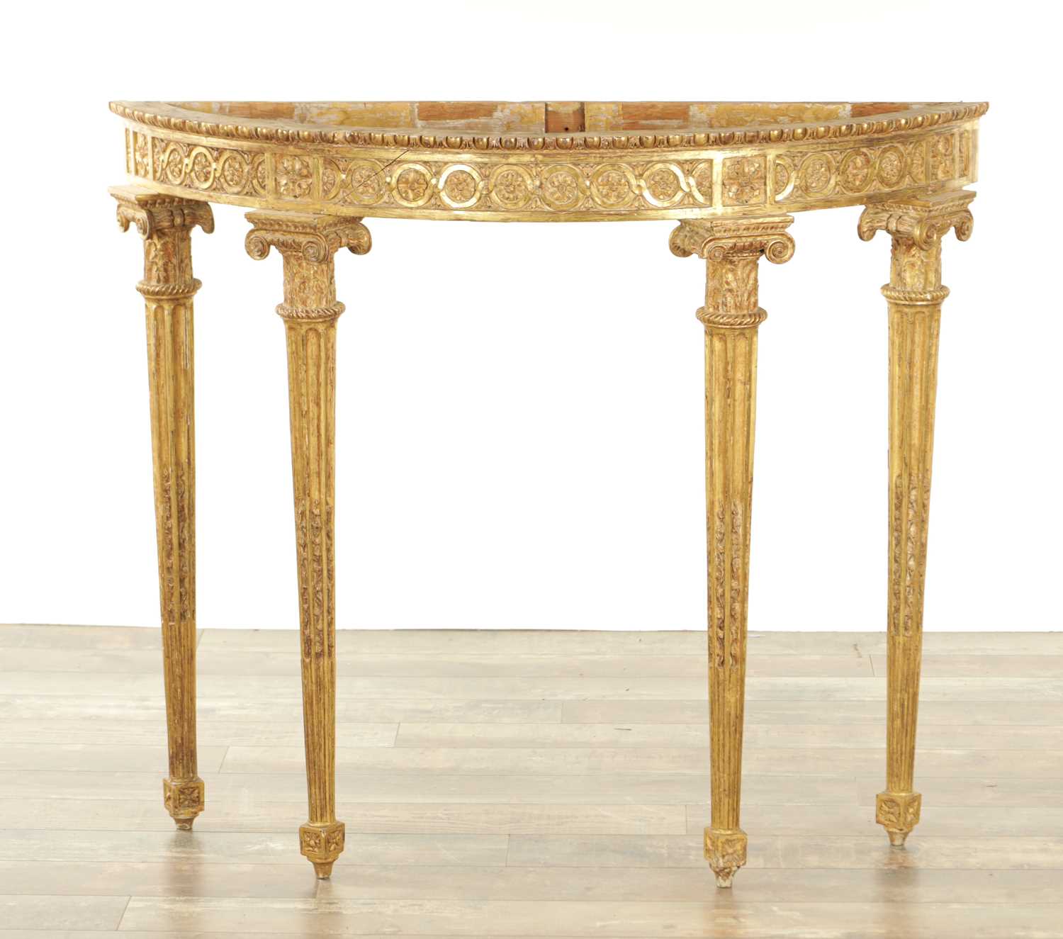 Lot 1524 - AN 18TH CENTURY ADAM STYLE GILT CARVED WOOD DEMI LUNE CONSOLE TABLE BASE