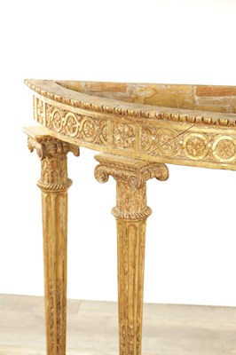 Lot 1524 - AN 18TH CENTURY ADAM STYLE GILT CARVED WOOD DEMI LUNE CONSOLE TABLE BASE