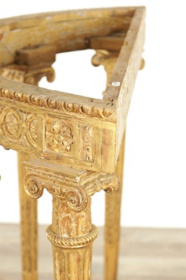 Lot 1524 - AN 18TH CENTURY ADAM STYLE GILT CARVED WOOD DEMI LUNE CONSOLE TABLE BASE