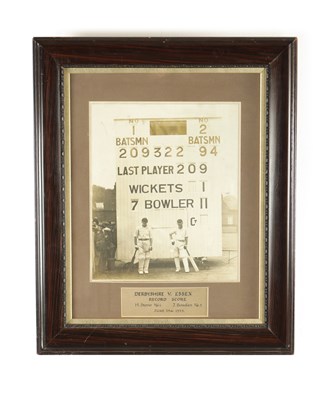 Lot 758 - A 1929 DERBYSHIRE VS ESSEX RECORD SCORE CRICKET PHOTOGRAPH