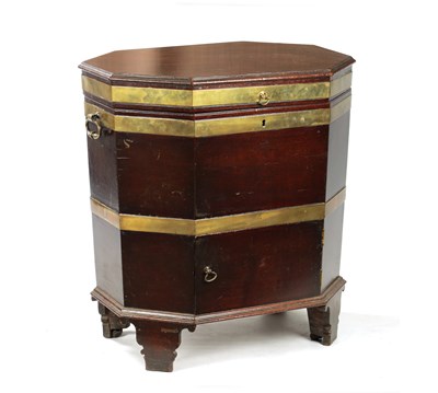 Lot 1295 - A RARE GEORGE III MAHOGANY OCTAGONAL TOP BRASS BOUND WINE COOLER