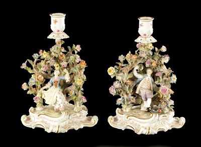 Lot 224 - A PAIR OF 19TH CENTURY MEISSEN CANDLESTICKS