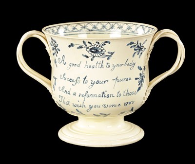 Lot 48 - A RARE LATE 18TH CENTURY LEEDS CREAMWARE LOVING CUP DATED 1780