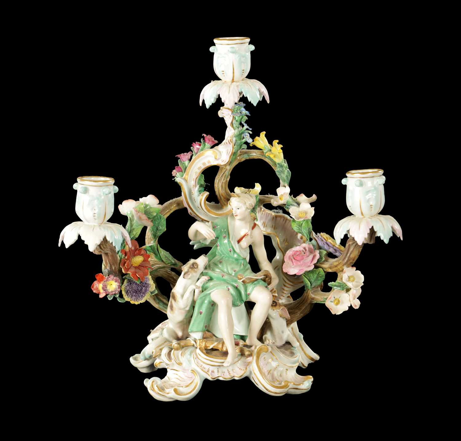 Lot 376 - A 19TH CENTURY MEISSEN THREE BRANCH FIGURAL CANDELABRA