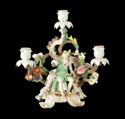 Lot 376 - A 19TH CENTURY MEISSEN THREE BRANCH FIGURAL CANDELABRA