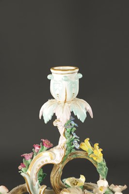 Lot 376 - A 19TH CENTURY MEISSEN THREE BRANCH FIGURAL CANDELABRA
