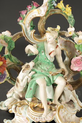 Lot 376 - A 19TH CENTURY MEISSEN THREE BRANCH FIGURAL CANDELABRA