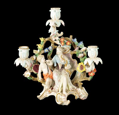 Lot 108 - A 19TH CENTURY MEISSEN THREE BRANCH FIGURAL CANDELABRA