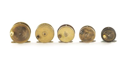 Lot 592 - A COLLECTION OF FIVE VINTAGE TROUT FLY FISHING REELS