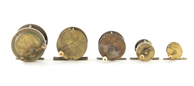 Lot 591 - A COLLECTION OF FIVE 19TH CENTURY MULTIPLYING FISHING REELS