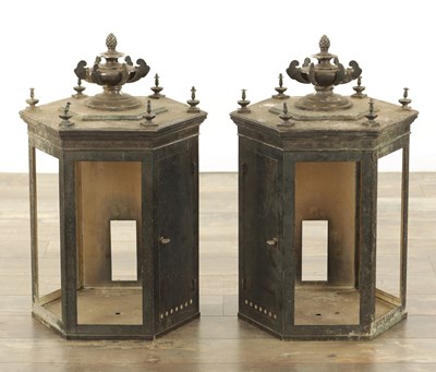 Lot 634 - A PAIR OF EARLY 20TH CENTURY SILVERED BRASS HANGING LANTERNS