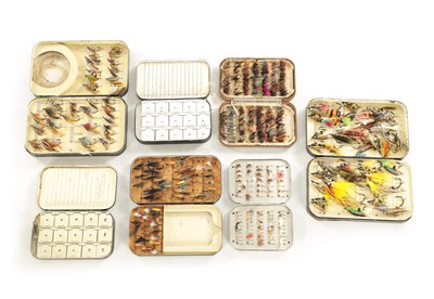 Lot 627 - SEVEN VINTAGE HARDY FISHING FLY TINS WITH VARIOUS SALMON AND TROUT FILES