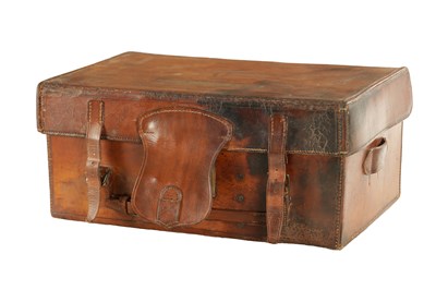 Lot 654 - A LARGE 19TH CENTURY LEATHER FISHING BOX BY HARDY BROS.