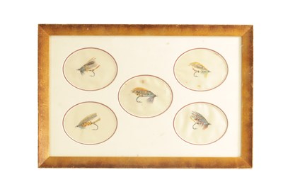 Lot 648 - A SET OF FIVE FRAMED LATE 19TH CENTURY PAINTED SILK PANELS OF SALMON FLIES