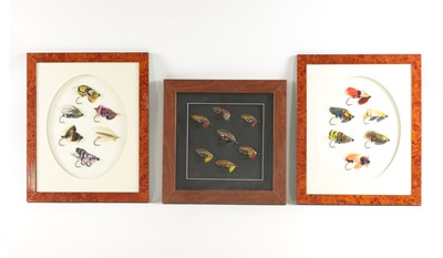 Lot 619 - THREE FRAMED WALL MOUNTED DISPLAYS OF SLAMON FISHING FLIES