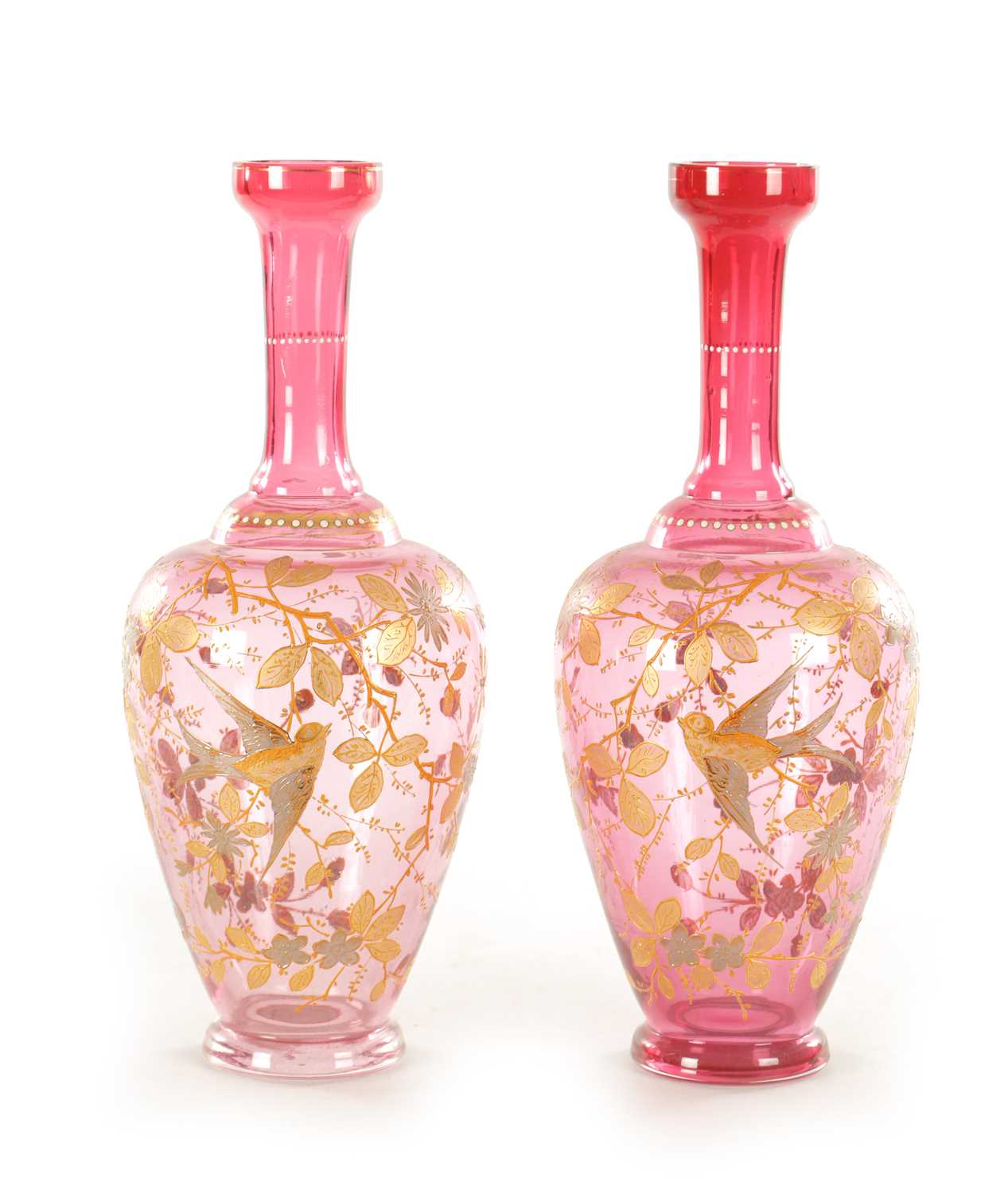 Lot 11 - A LARGE PAIR OF 19TH CENTURY CRANBERRY GLASS VASES