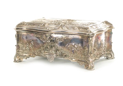 Lot 694 - A 19TH CENTURY SILVER PLATED ROCOCO STYLE CASKET