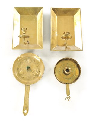 Lot 562 - A PAIR OF 19TH CENTURY HANGING BRASS CANDLELIGHTS TOGETHER WITH TWO PRESSED BRASS CHAMBER STICKS