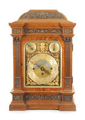 Lot 794 - A LATE 19TH CENTURY OAK CASED TRIPLE FUSEE QUARTER CHIMING BRACKET CLOCK