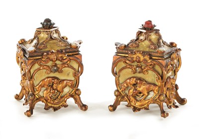 Lot 666 - A PAIR OF LATE 19TH CENTURY FRENCH GILT METAL AND MOTHER-OF-PEARL PANELLED CASKETS