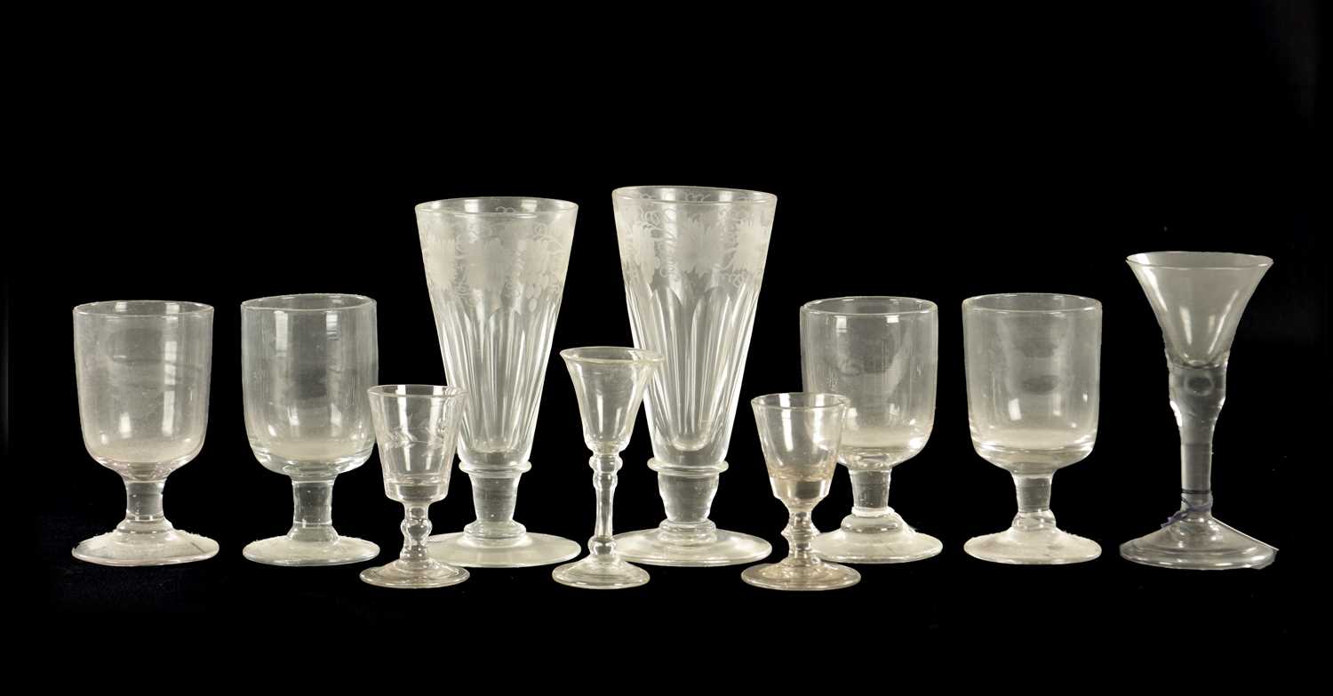 Lot 2 - A COLLECTION OF FOUR VARIOUS GEORGIAN GLASSES, A PAIR OF GIANT SIZE LATE GEORGIAN ENGRAVED ALE FLUTES AND FOUR LATE GEORGIAN RUMMERS