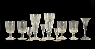 Lot 2 - A COLLECTION OF FOUR VARIOUS GEORGIAN GLASSES, A PAIR OF GIANT SIZE LATE GEORGIAN ENGRAVED ALE FLUTES AND FOUR LATE GEORGIAN RUMMERS