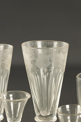 Lot 2 - A COLLECTION OF FOUR VARIOUS GEORGIAN GLASSES, A PAIR OF GIANT SIZE LATE GEORGIAN ENGRAVED ALE FLUTES AND FOUR LATE GEORGIAN RUMMERS