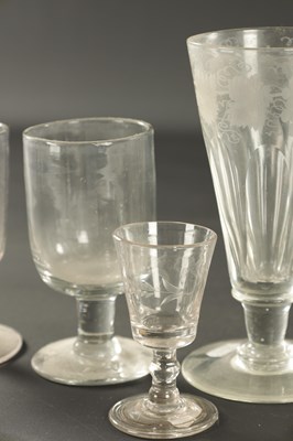 Lot 2 - A COLLECTION OF FOUR VARIOUS GEORGIAN GLASSES, A PAIR OF GIANT SIZE LATE GEORGIAN ENGRAVED ALE FLUTES AND FOUR LATE GEORGIAN RUMMERS