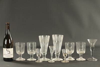 Lot 2 - A COLLECTION OF FOUR VARIOUS GEORGIAN GLASSES, A PAIR OF GIANT SIZE LATE GEORGIAN ENGRAVED ALE FLUTES AND FOUR LATE GEORGIAN RUMMERS