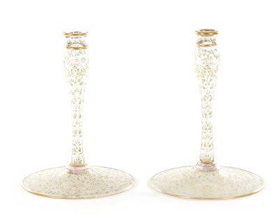 Lot 3 - A FINE PAIR OF LATE 19TH CENTURY VENETIAN GIANT GLASS AND COLOURED ENAMEL CANDLESTICKS