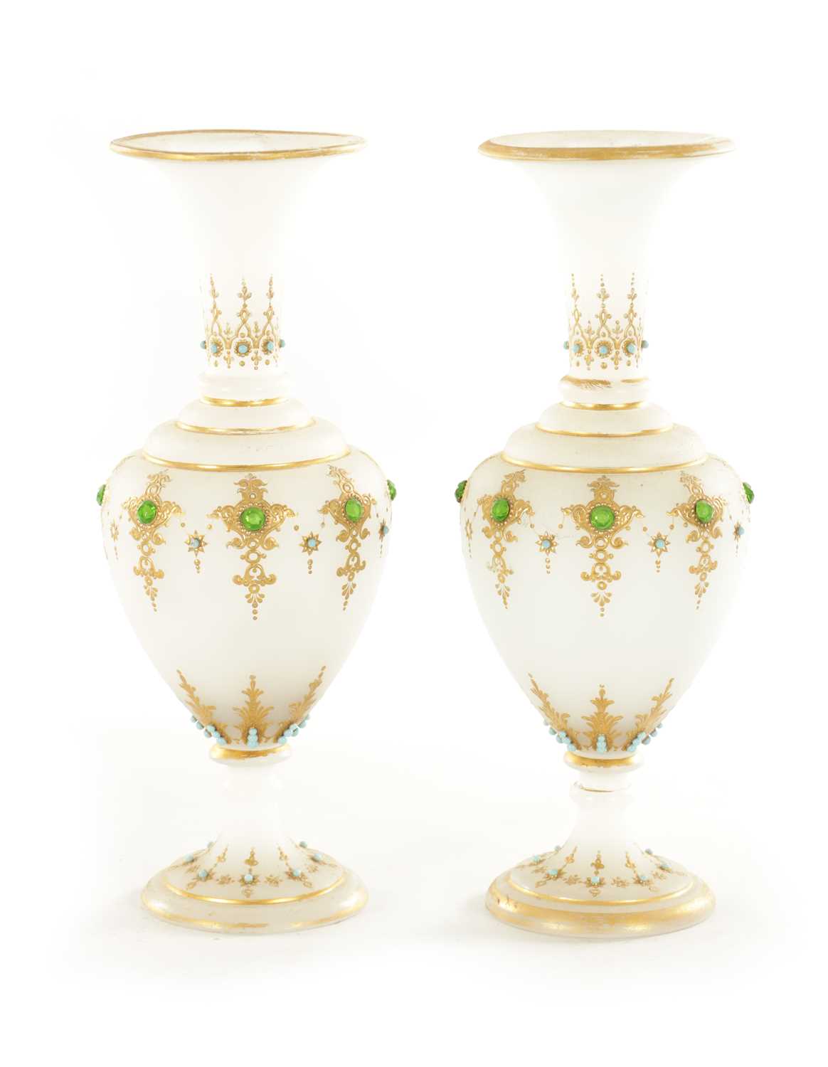 Lot 12 - A PAIR OF 19TH CENTURY FRENCH JEWELLED OPAQUE GLASS PEDESTAL VASES