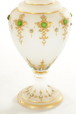 Lot 12 - A PAIR OF 19TH CENTURY FRENCH JEWELLED OPAQUE GLASS PEDESTAL VASES