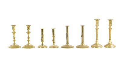 Lot 541 - THREE PAIRS OF 18TH CENTURY BRASS PETAL BASE AND EJECTOR STEM CANDLESTICKS