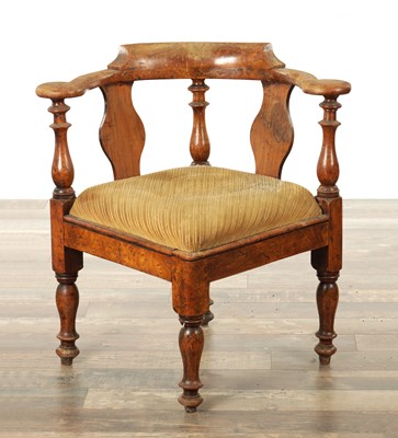 Lot 824 - A GOOD 19TH CENTURY BURR ELM CORNER CHAIR