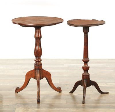 Lot 839 - AN EARLY 18TH CENTURY OAK CANDLE STAND TOGETHER WITH A 19TH CENTURY FRUITWOOD TRIPOD TABLE