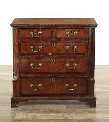 Lot 829 - A SMALL GEORGE III OAK AND WALNUT CROSS-BANDED CHEST OF DRAWERS