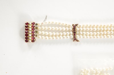 Lot 454 - A 19TH CENTURY GOLD, RUBY AND PEARL BRACELET