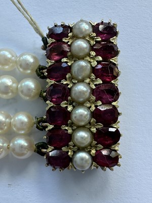 Lot 454 - A 19TH CENTURY GOLD, RUBY AND PEARL BRACELET