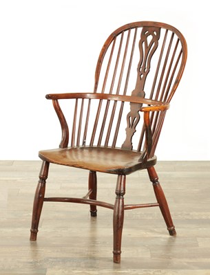 Lot 821 - A 19TH CENTURY HIGH BACK YEW-WOOD WINDSOR CHAIR