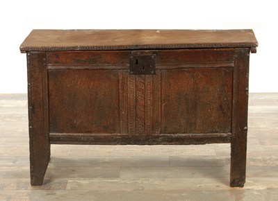 Lot 870 - A 17TH CENTURY SMALL NAILED PLANK COFFER