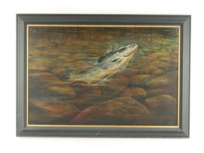 Lot 764 - CHRIS SHARP. AN OIL ON CANVAS ‘LEAPING SALMON’